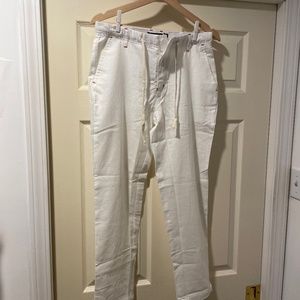 Mens white Casual Drawstring Linen Capri Pants